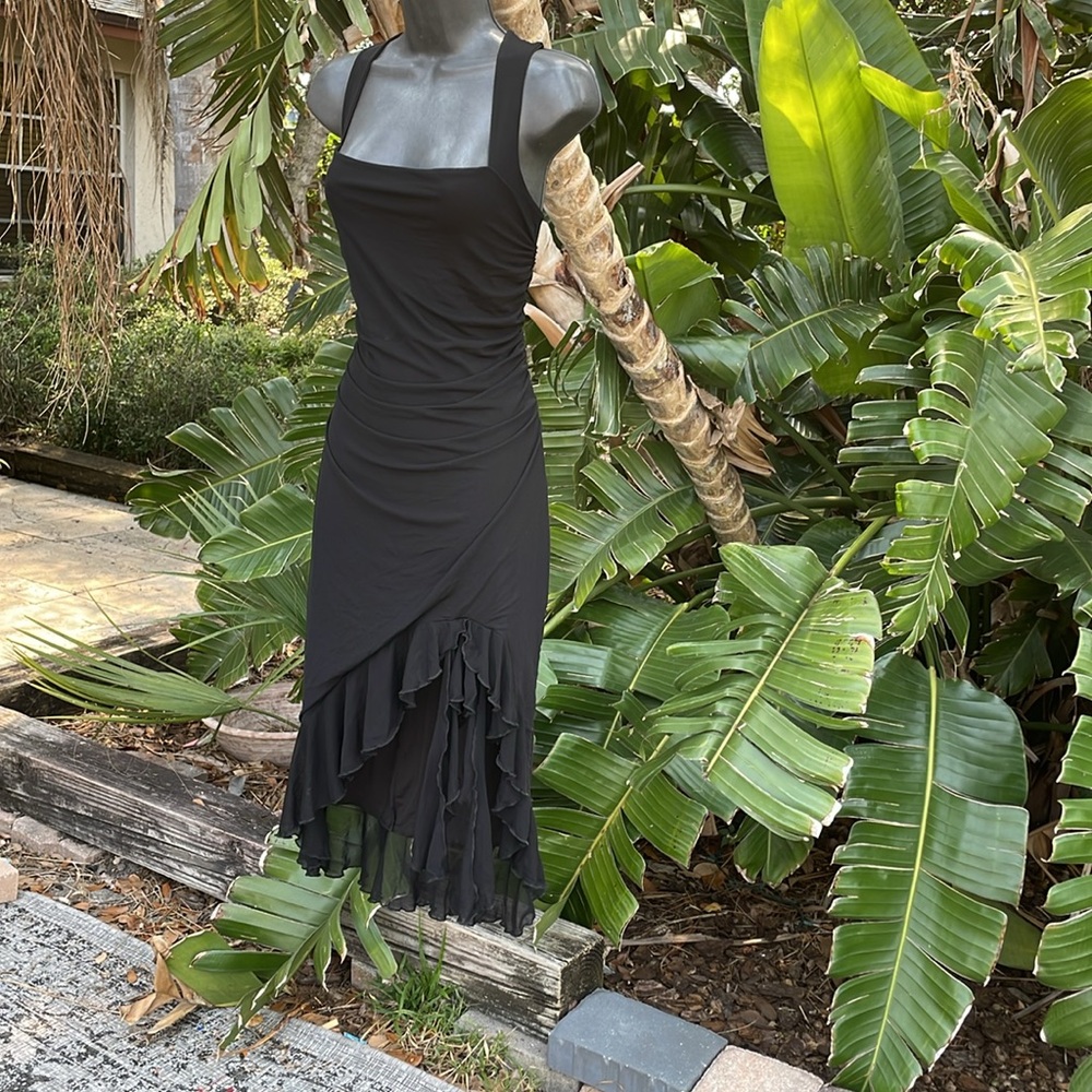 Sheer mesh asymmetric ruffle dress with ruffled hem and fringe